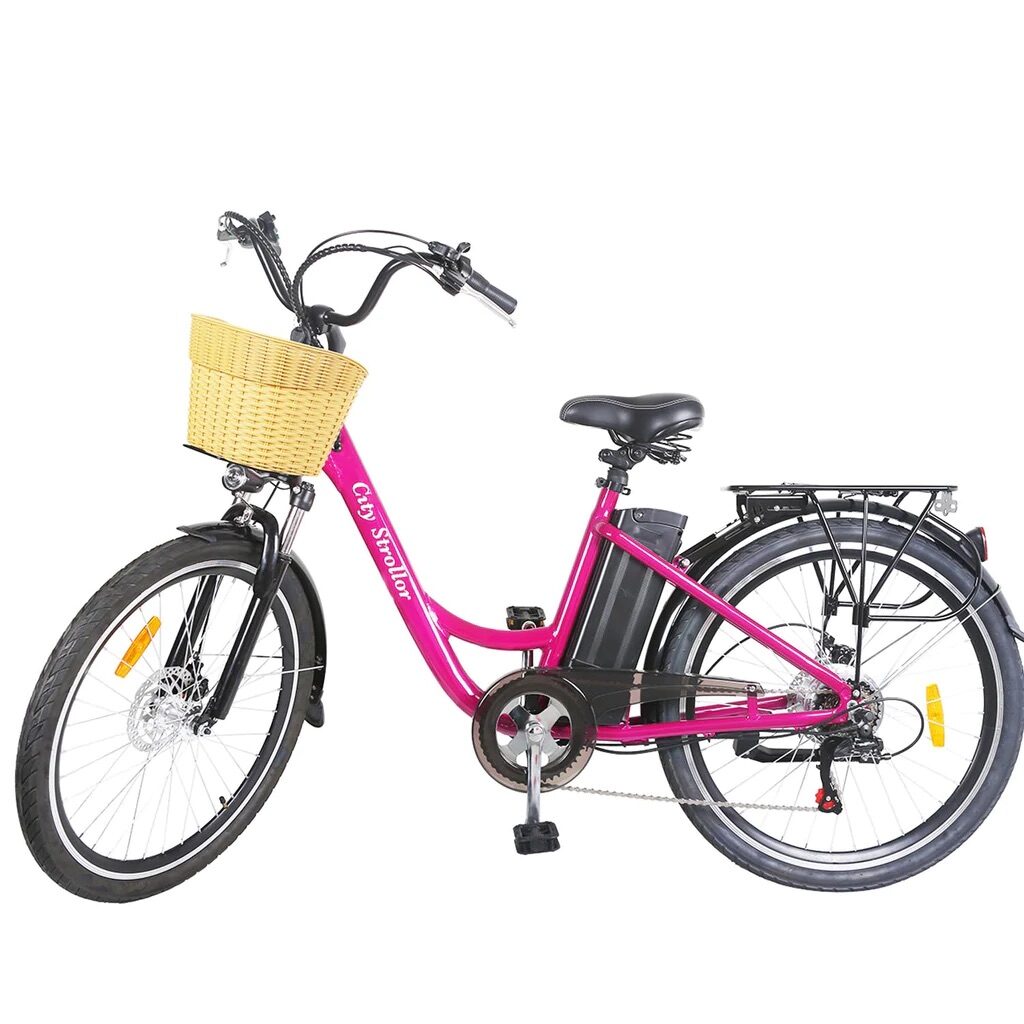 pink bike with basket from nakto is one of the best electric bikes for tall riders and one of the best electric bikes for city commuters